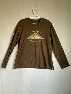 Cotopaxi Solstice Brown Long-Sleeve Tee Mountain Graphic Birds Sz L Organic